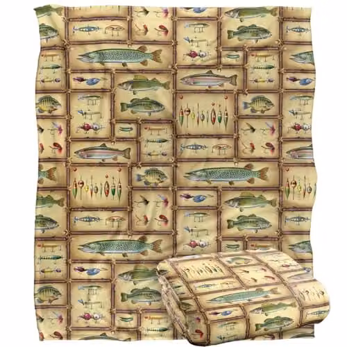 JQ Licensing Fish Sticks Lodge Fishing Lures Pattern Super Soft Fleece Throw Blanket, White, W: 152 cm, D: 127 cm – 1