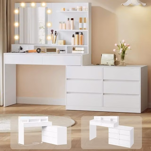 VASAGLE Hollywood LED Dressing Table and Vanity Makeup Desk in Cloud White