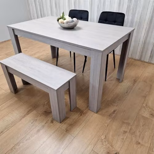 KOSY KOALA Modern Dining Table Set with 2 Black Chairs and Wooden Bench, Grey Wood Effect, W/D/H: 117 x 77 x 75 cm
