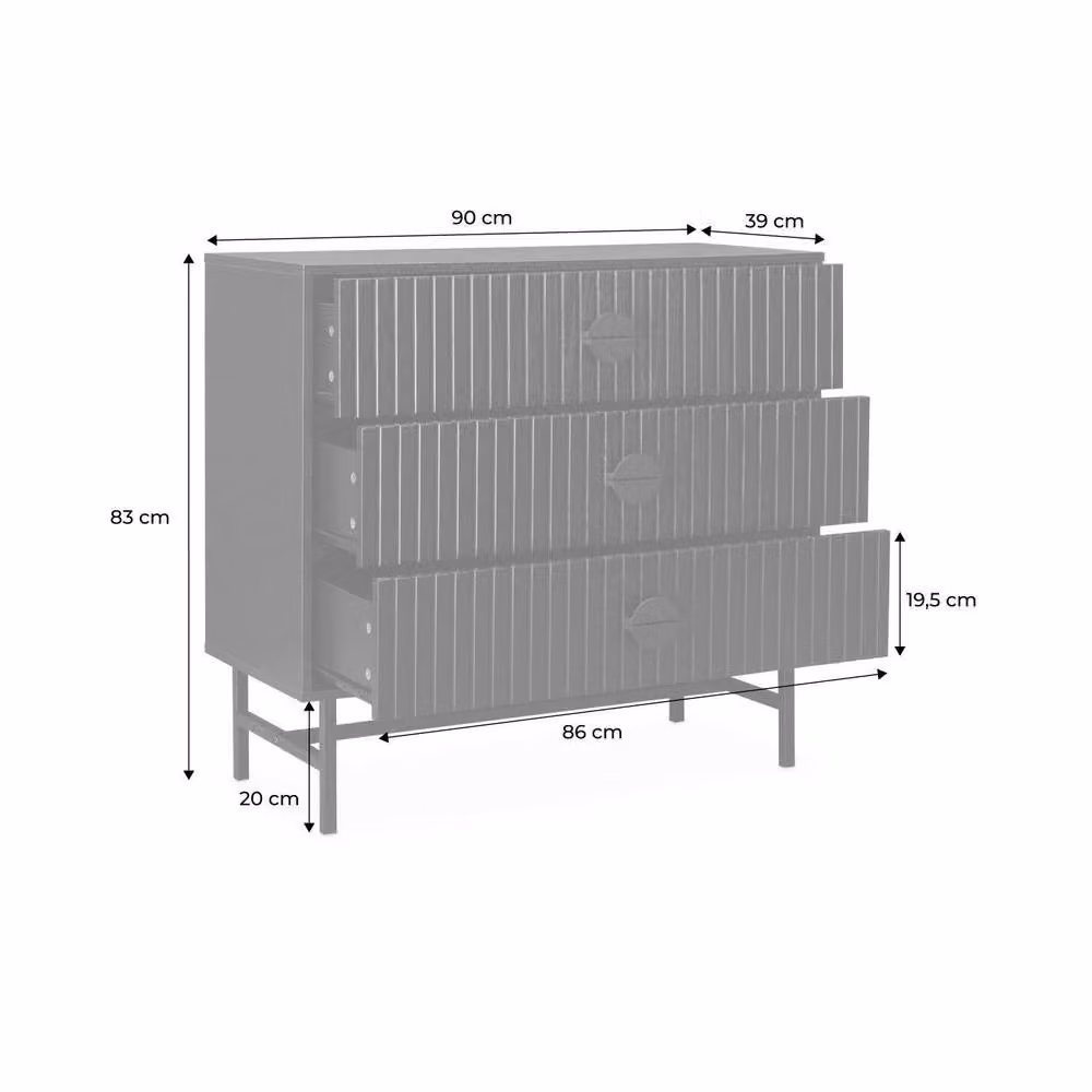Sweekeek Modern 3-Drawer Chest with Black Grooves and Wood-Effect Finish, W/D/H: 83 x 39 x 90 cm – 2