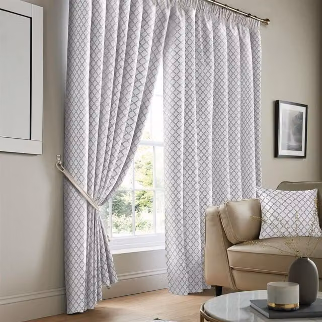 Luxury Living Modern Geometric Two-Tone Jacquard Pencil Pleat Taped Curtains in White, W: 229 cm, H: 274 cm