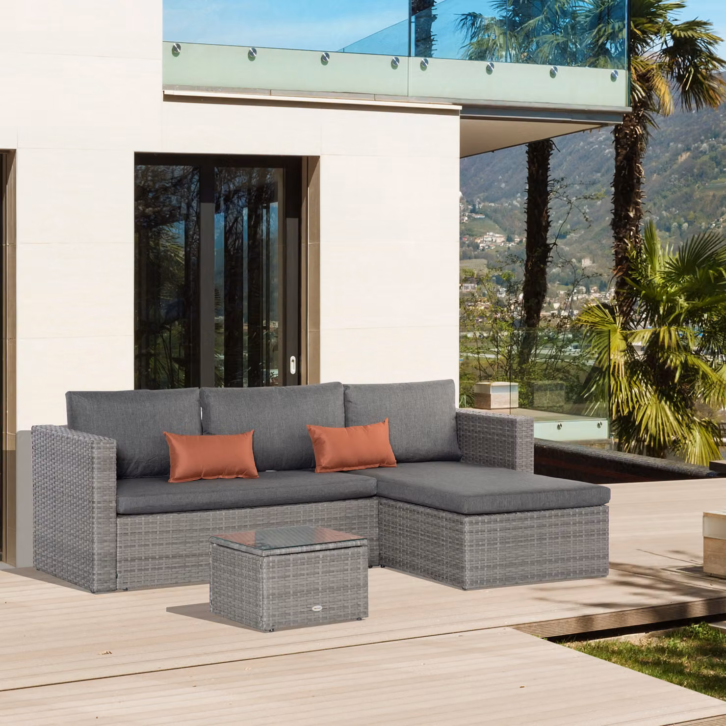 Outsunny 3 Piece L-Shape Rattan Corner Sofa Set with Coffee Table and Cushions in Grey – 3