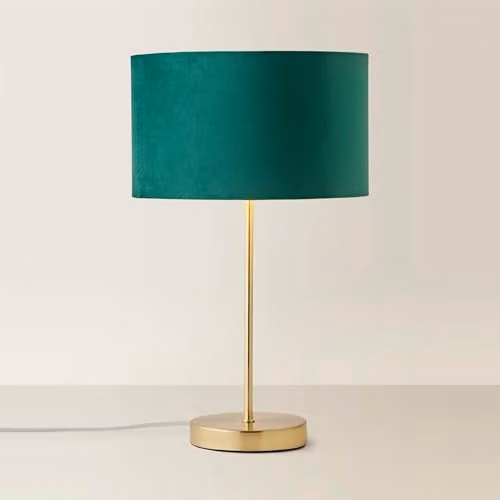 ValueLights Charlie Gold Stem Table Lamp with Green Velvet and Gold Inner Cylinder Shade, H 43.0 cm x W 25.0 cm x D 25.0 cm – 1