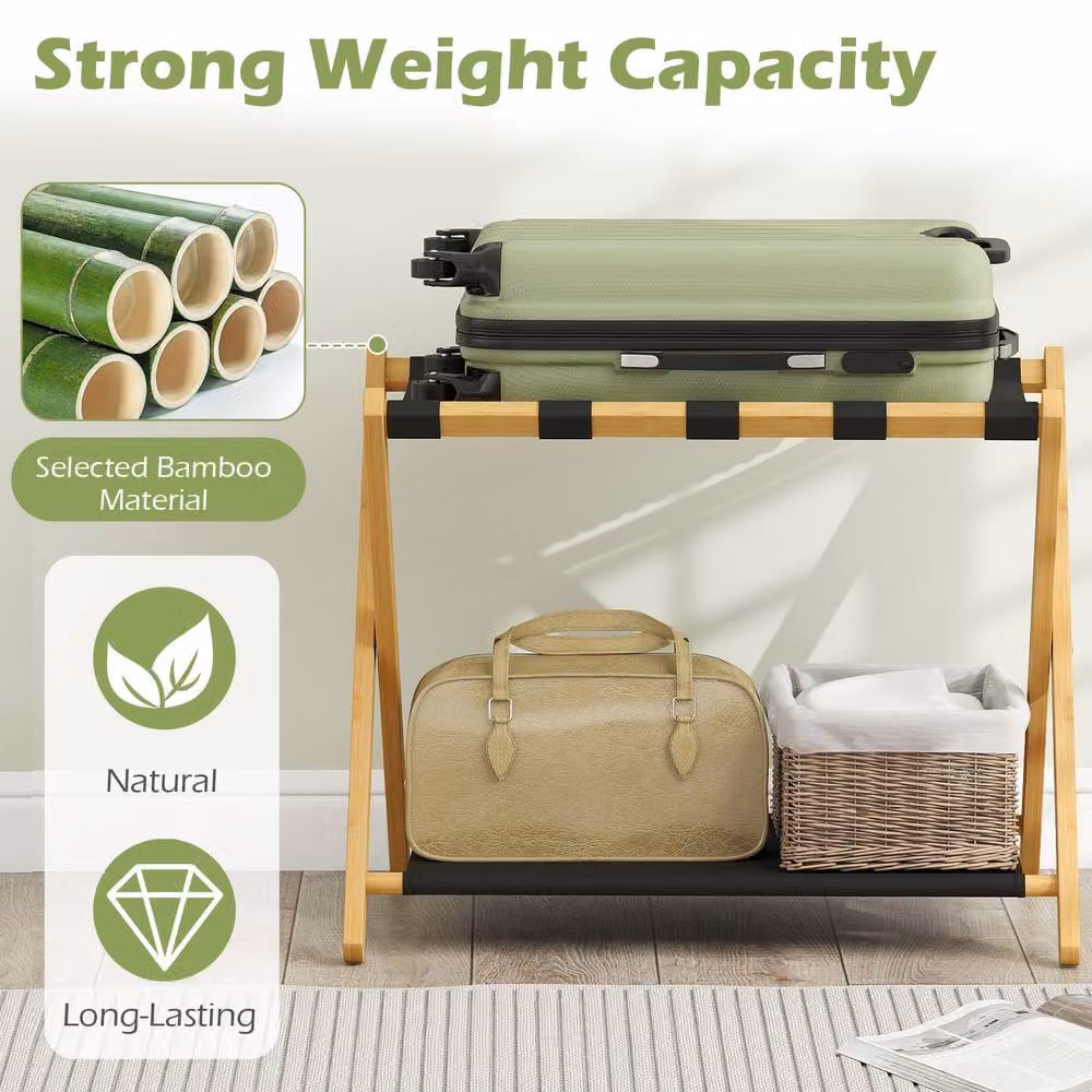 Gymax 2-Piece Black Bamboo Folding Luggage Racks with Storage Shelves – 3