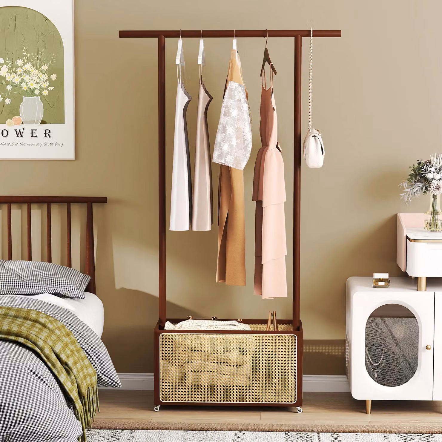 Costway Bamboo Clothes Rack and Coat Hanger Stand with Rattan Storage Basket in Brown – 2