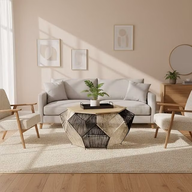 Orsina Octagonal Geometric Mango Wood Coffee Table in Black and Silver, W/D/H: 90 x 90 x 47 cm