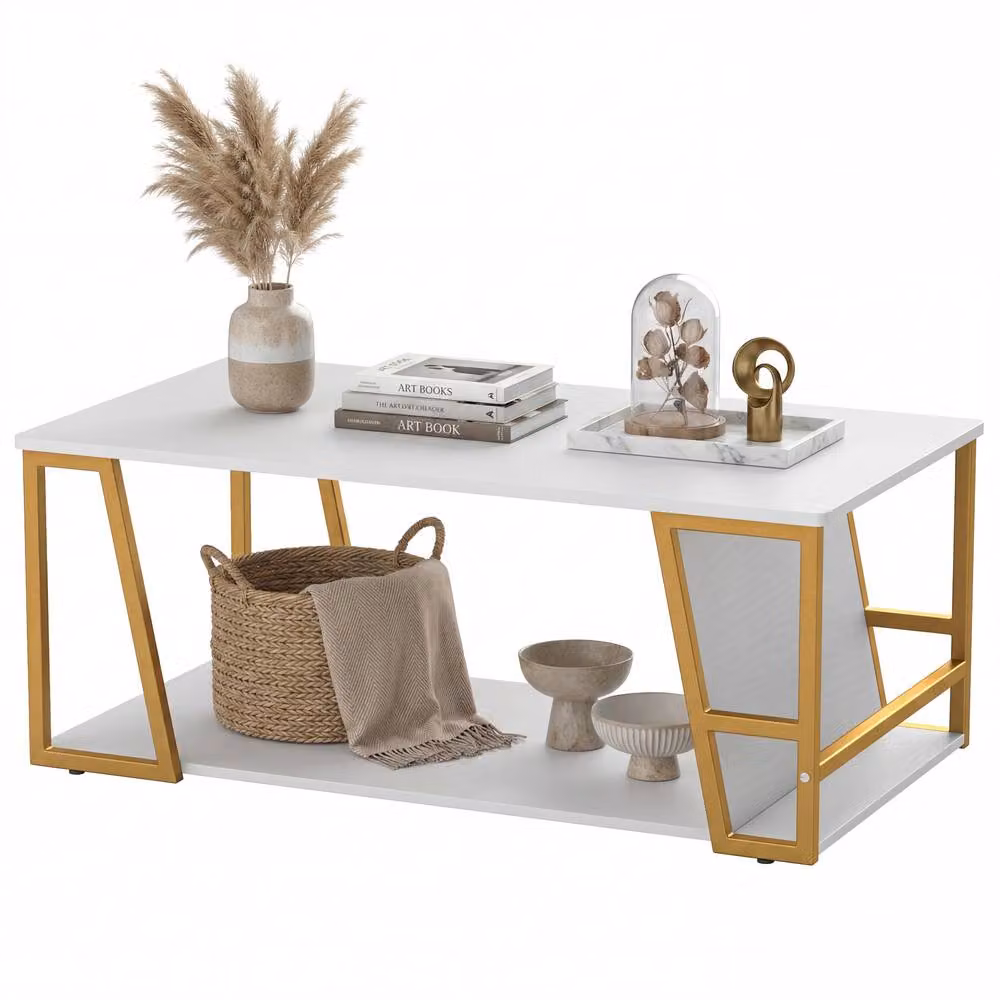 Costway 2-Tier Rectangular Industrial Coffee Table with Shelf in White and Wood Finish – 2