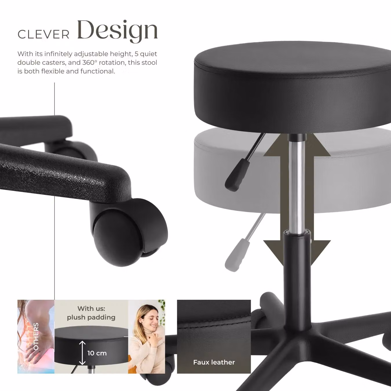 tectake Werner Desk Stool in Black with Synthetic Leather and Castors – 3