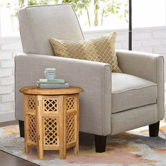 Topfurnishing Round Carved Wooden Coffee Bedside End Table in Gold, Diameter: 38 cm