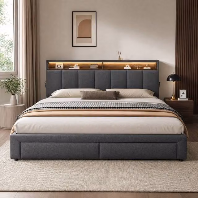 STILVORA Grey Fabric Ottoman Bed with Storage, LED Lighting and USB Charging Station, W/D/H: 180 x 200 x 112 x 162 cm – 1