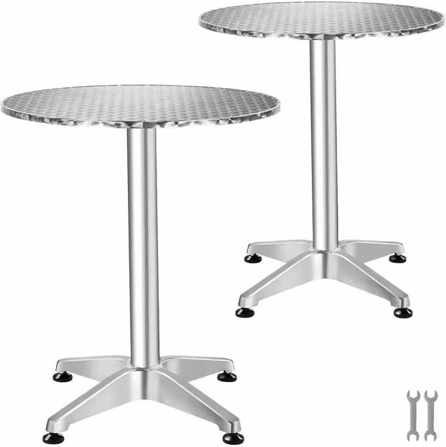 tectake Frederic Aluminum Bistro Table in Silver, Height-Adjustable, Diameter: 60 cm