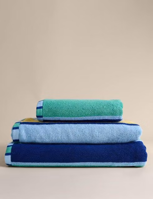 M&S Striped Pure Cotton Reversible Towel in Blue and Green