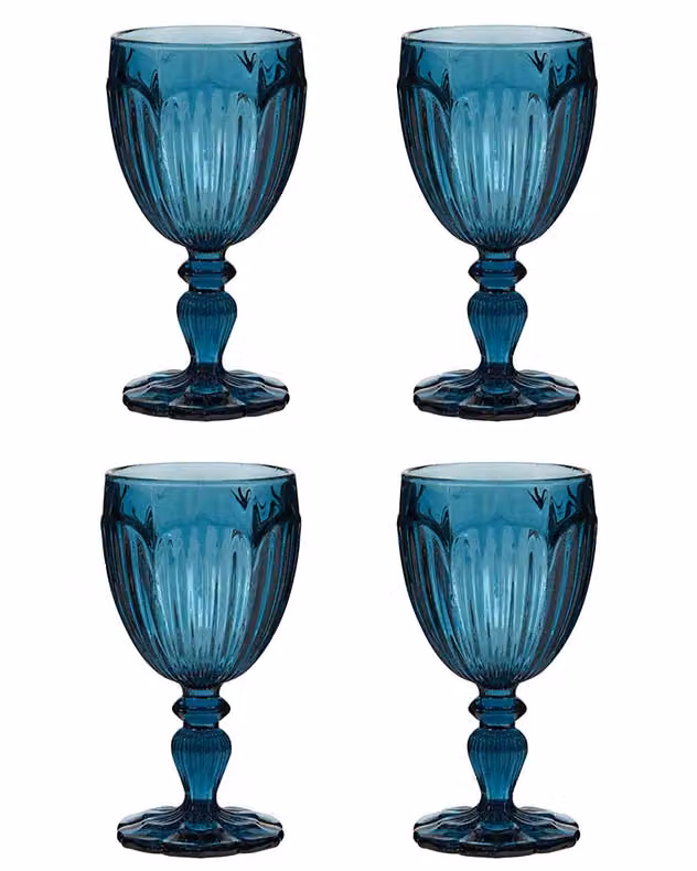 Dibor Set of 4 Blue Embossed Floral Wine Goblets, 280ml per glass – 2