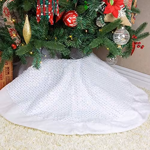 VFM e-Store Christmas Sequin Plush Tree Skirt in White and Silver, Diameter: 110 cm – 4