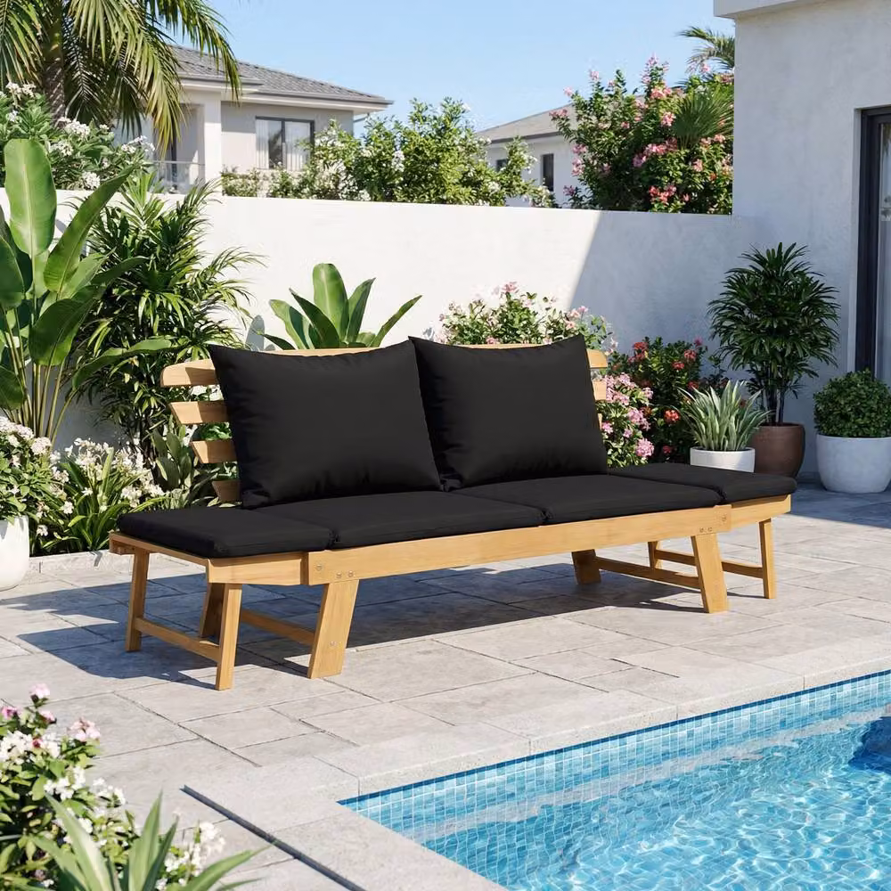 Costway Convertible Outdoor Daybed and Patio Sofa Bed with Adjustable Armrests in Black Acacia Wood – 5