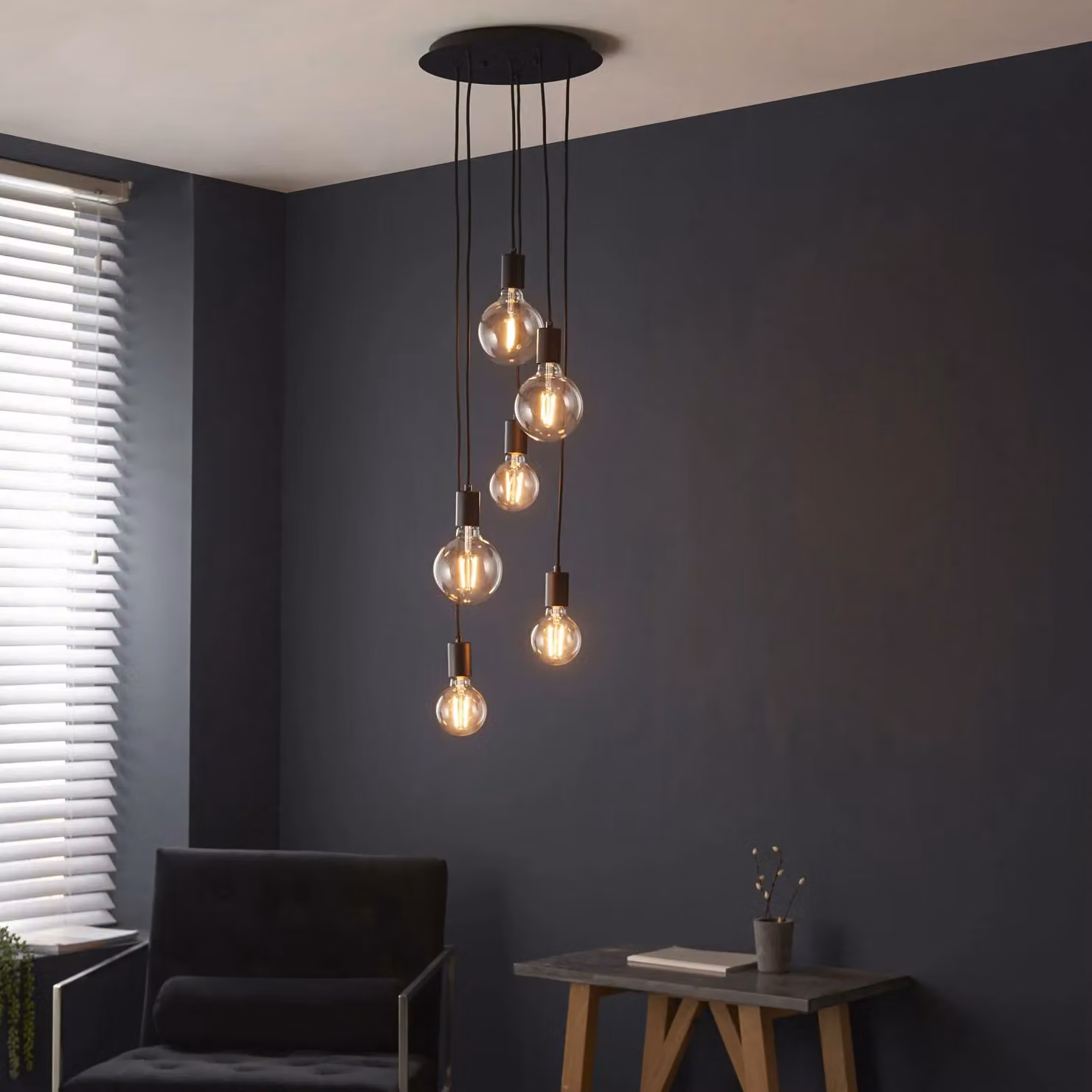 Loops Dimmable Suspended Ceiling Pendant Light in Matt Black with 6 x E27 LED Glass Rings – 4