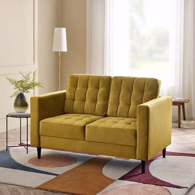 FurnitureboxUK Jade 2-Seater Velvet Sofa with Solid Wood Frame in Yellow
