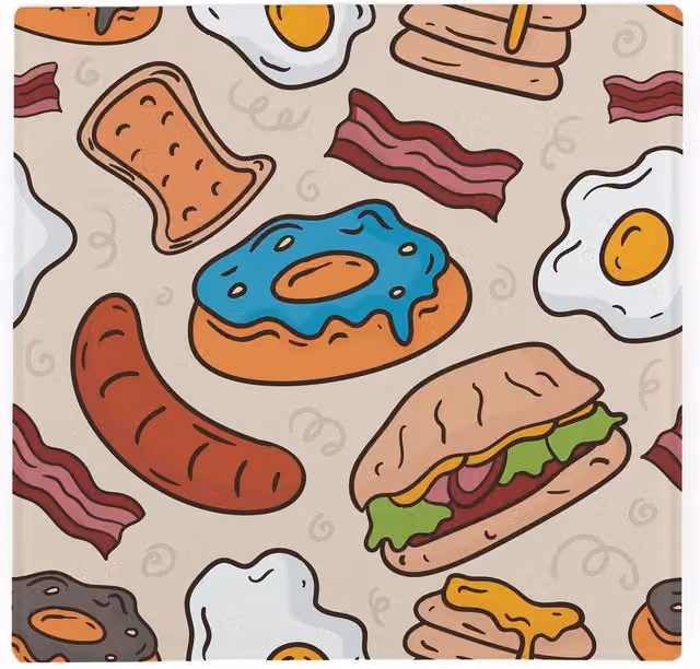 Purely Home Cartoon Breakfast Large Square Glass Worktop Protector and Chopping Board in Multicolour