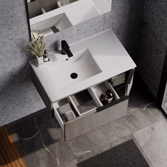 Banyetti Siena Wall-Hung Vanity Unit with Matt Black Handles, Stone Grey, W/D/H: 80 x 45 x 30 cm – 1