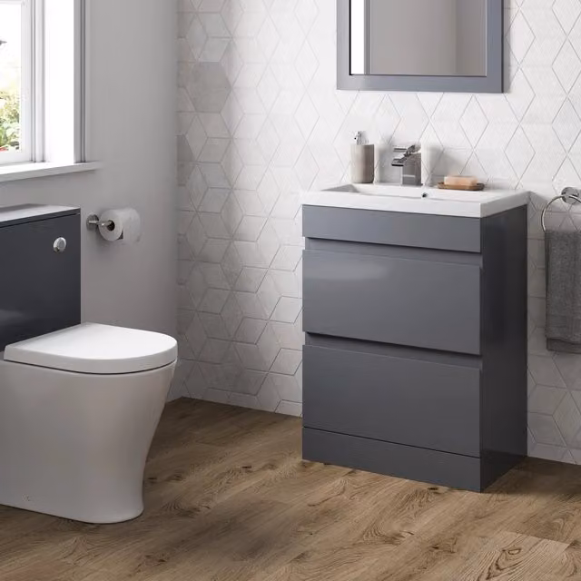 Bathwell Grey Gloss Handleless Freestanding Bathroom Vanity Unit with White Basin, Width: 60 cm