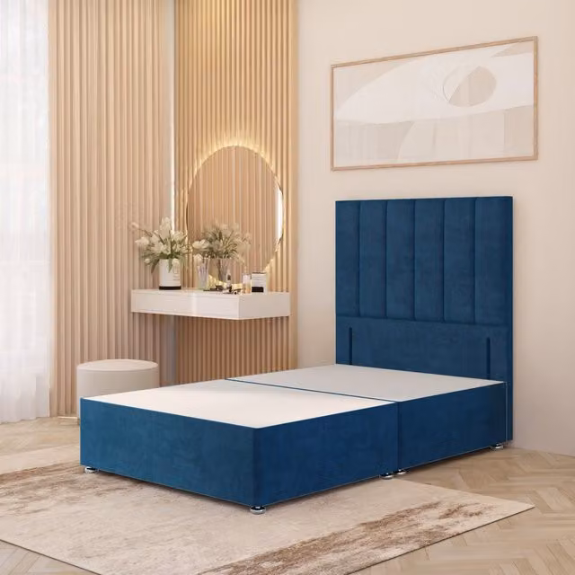 Somnior Beds Ltd Austin Velvet Divan Bed Base with Floor Standing Headboard and Drawers in Blue, W/D/H: 90 x 190 x 34.5 cm