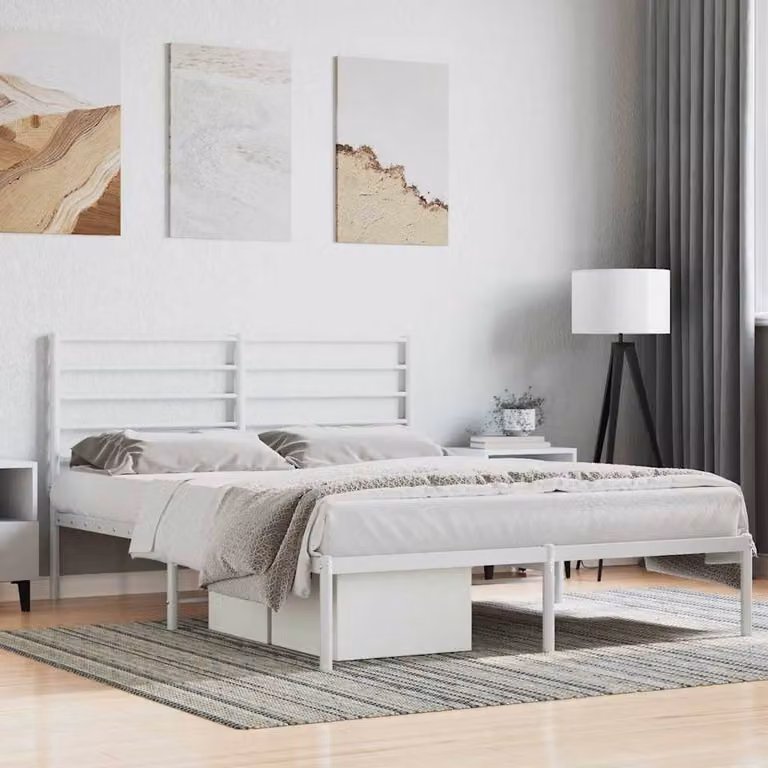 Berkfield Home Metal Bed Frame with Headboard in White, W/D/H: 140 x 200 cm