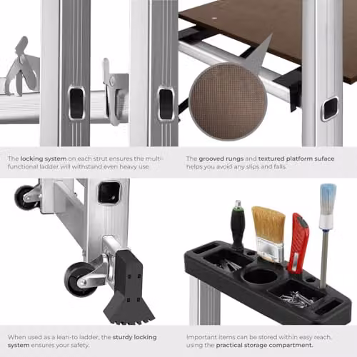 tectake Aluminium Multi-Purpose 4-in-1 Ladder in Silver with 150 kg Capacity and Rollable Rubber Feet – 4
