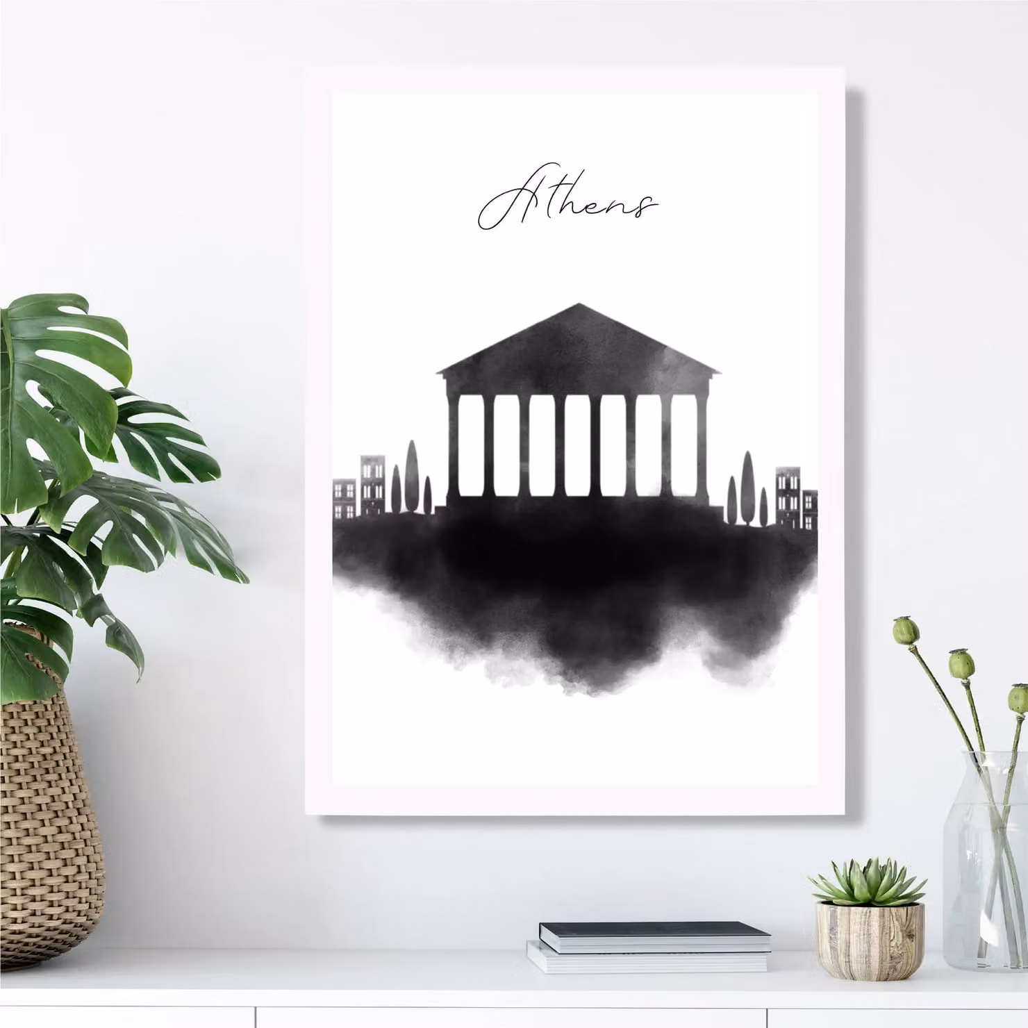 ARTZE Athens Watercolour Skyline City Framed Print in Black and White – 2