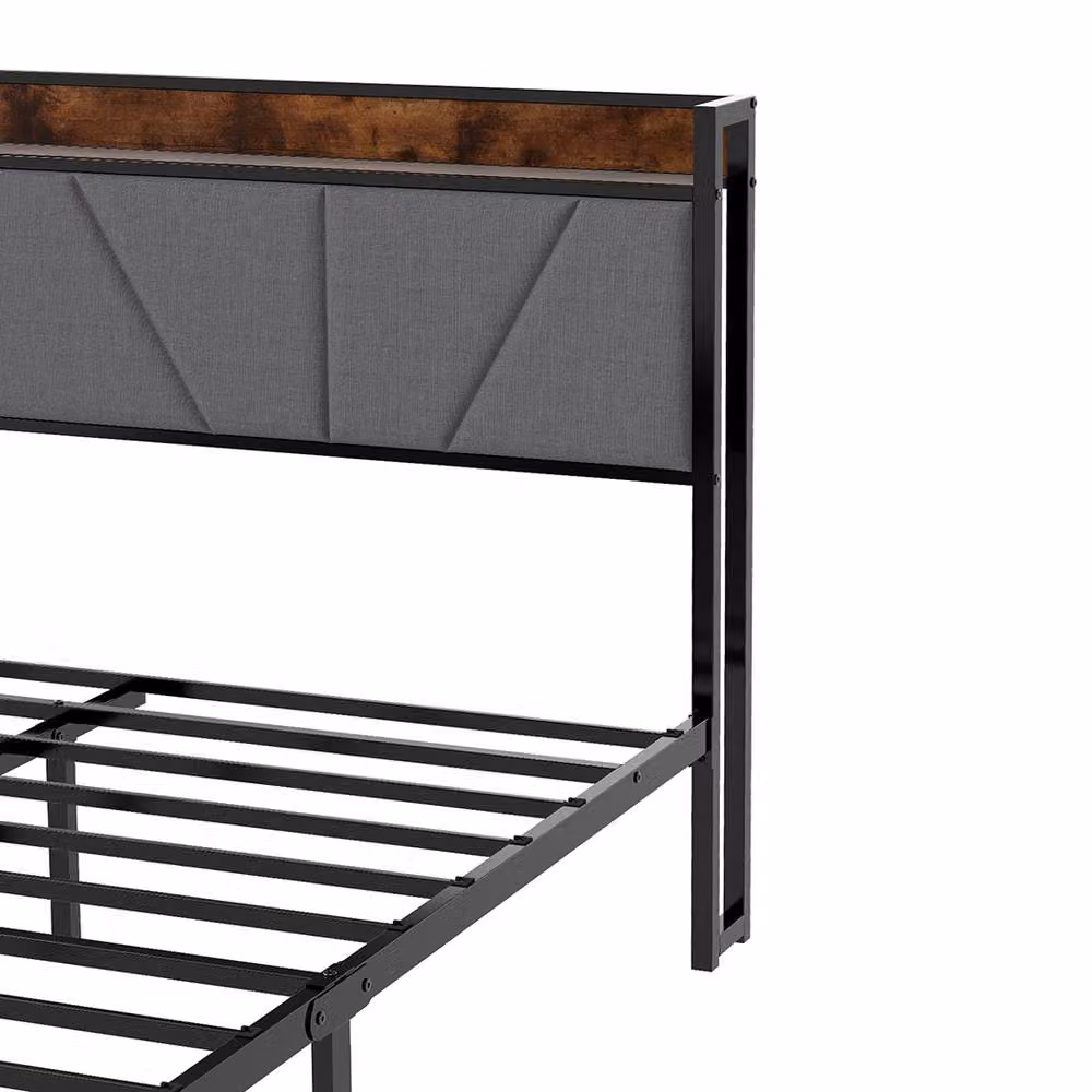 Levede Rustic Brown Upholstered Bed Frame with Side Compartments and Bedside Shelf, W/D/H: 140 x 200 cm – 9