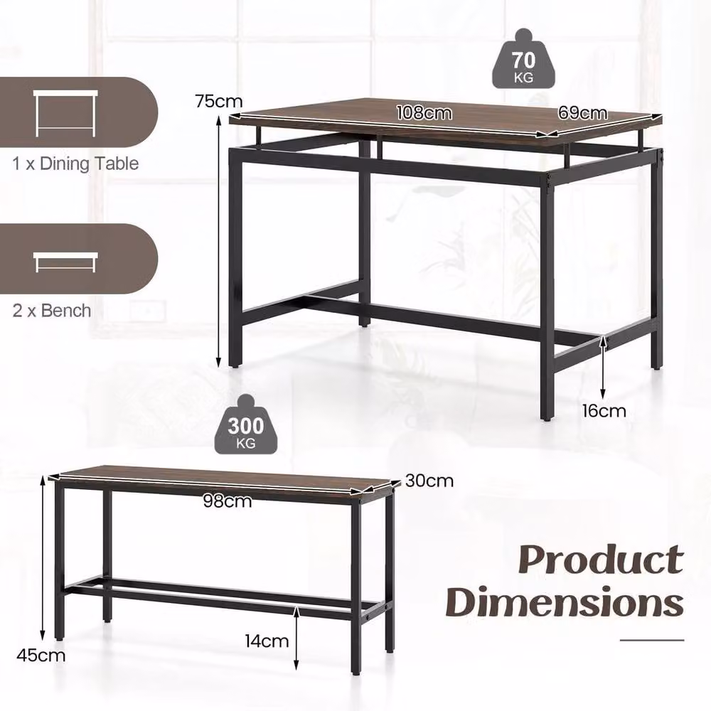 Kelvenix 3 Piece Industrial Kitchen and Dining Room Furniture Set in Brown – 2