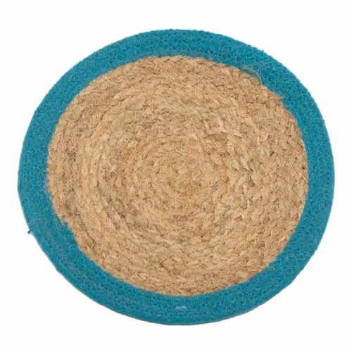 KDMD Round Jute and Cotton Place Mat in Petrol Blue, Diameter: 30 cm