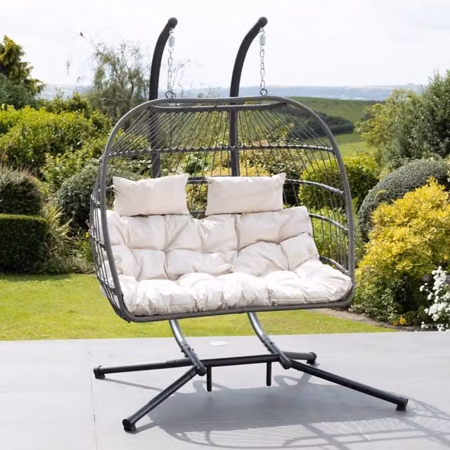 Artemis Home Modern Double Garden Swing Seat with Weatherproof Microfibre Cushions in Beige and Yellow