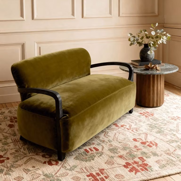 Atkin & Thyme Aviator Loveseat in Apple Green Velvet with Mango Wood Frame