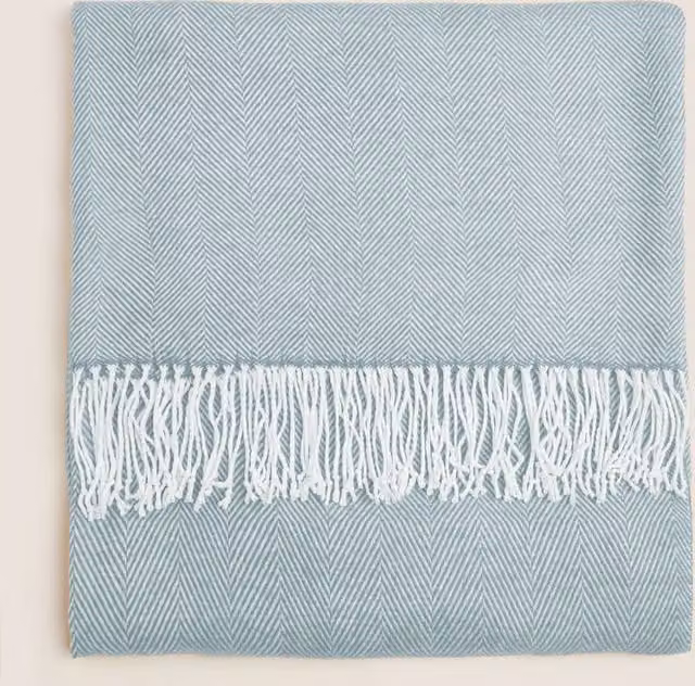 M&S Herringbone Woven Throw with Fringes in Light Blue