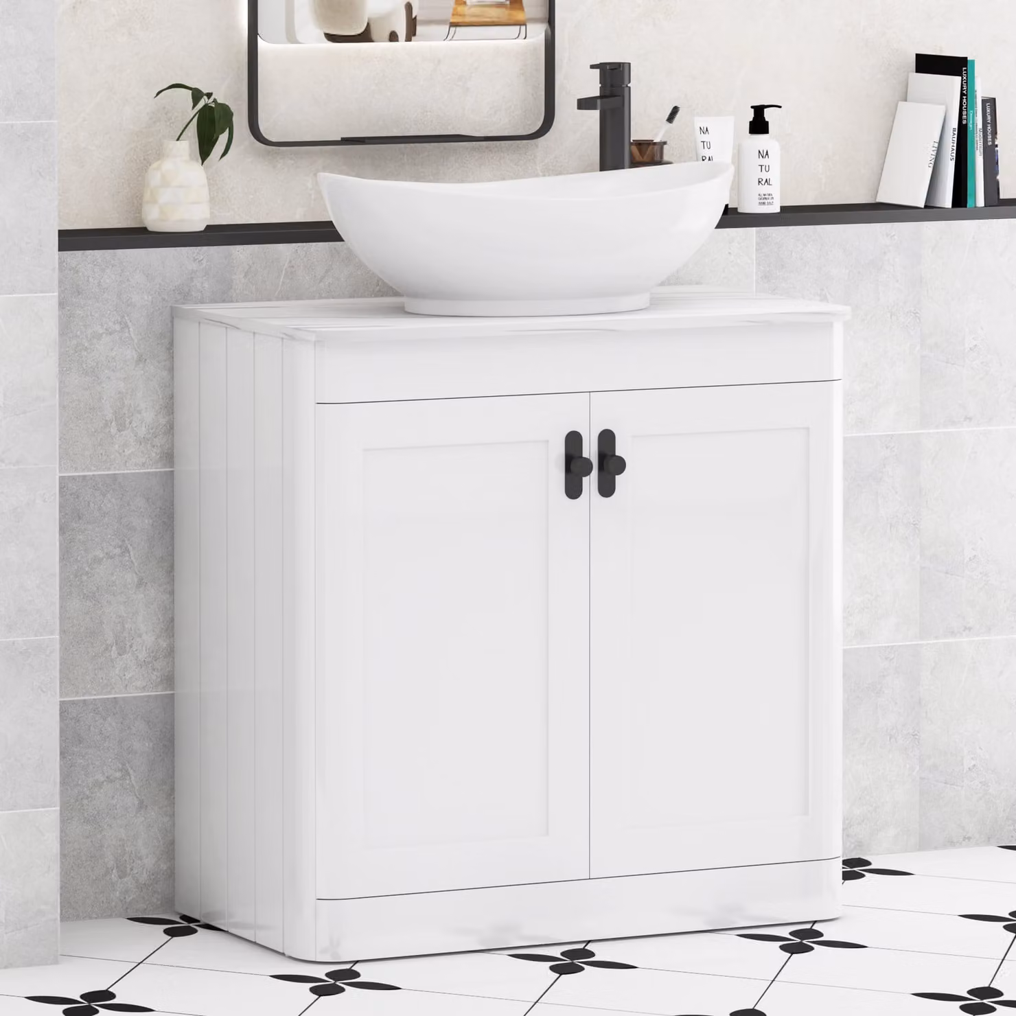 Royal Bathrooms Henley 800mm Gloss White Floor Standing 2 Door Vanity Unit with Amaze Basin and Matt Black Knob