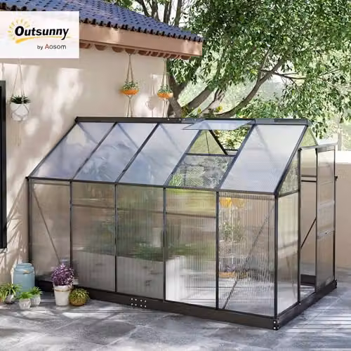 Outsunny Aluminium and Polycarbonate Walk-In Garden Greenhouse with Sliding Door, Grey and Transparent – 2
