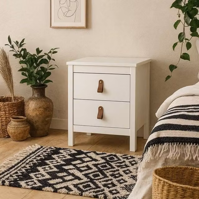 Wyld Haus Wyldberry Matt White Wooden Bedside Table with 2 Drawers, W/D/H: 38.4 x 38.4 x 54.1 cm