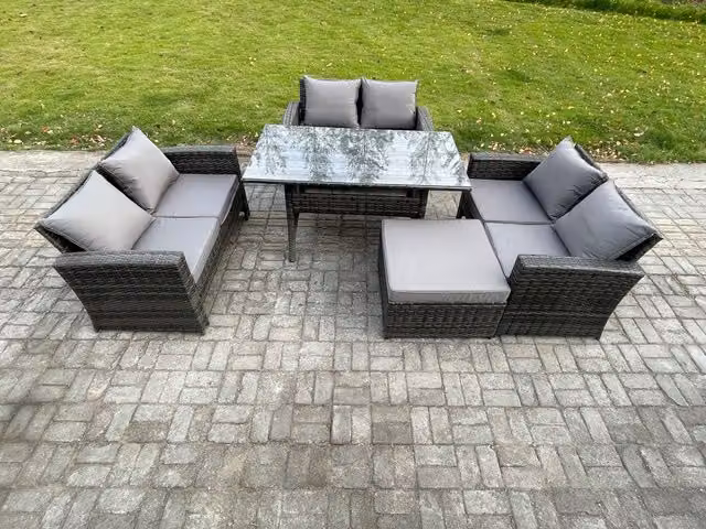 Fimous 7 Seater Rattan Wicker Garden Furniture Set with Dining Table in Dark Grey