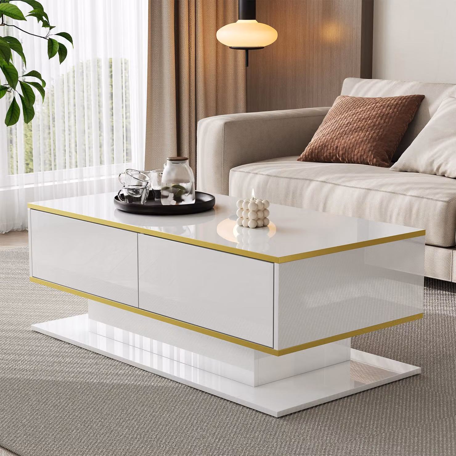 Aosom UK Modern LED Coffee Table with High-Gloss White Finish and Gold Accents, featuring Storage Drawers, W: 100 cm, D: 50 cm, H: 40 cm – 3