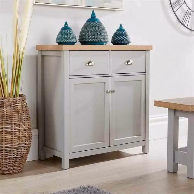 Nordara Grey 2 Door 2 Drawer Storage Cabinet with Oak Top