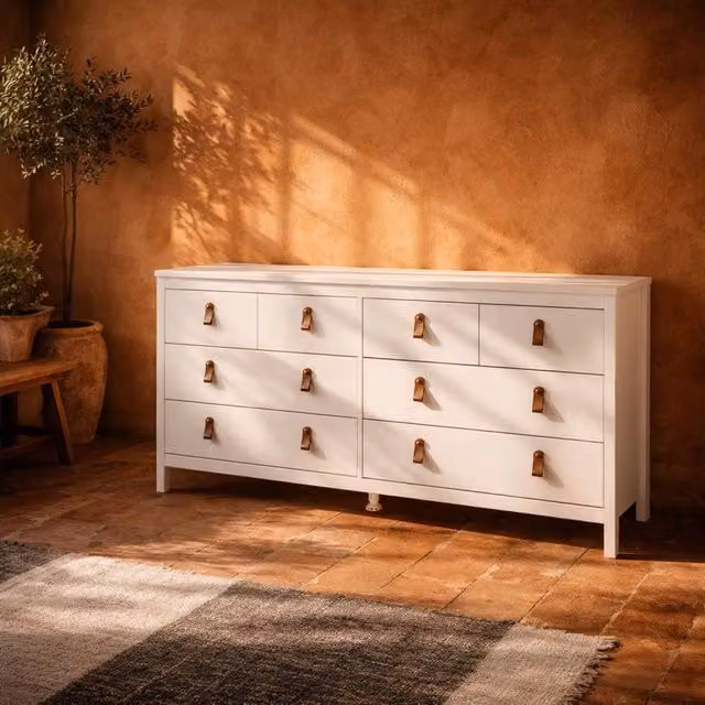 Wyld Haus Wildberry 8 Drawer Wooden Dresser in Matt White with Brown Leather Handles, W/D/H: 79.7 x 38.4 x 79.7 cm