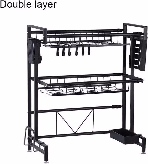 NESTLUNE 2 Tier Expandable Over The Sink Dish Drying Rack in Black, W: 100 cm, D: 15 cm