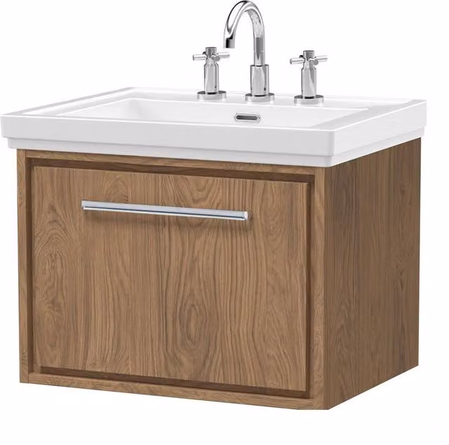 Balterley Longnor 1 Drawer Wall Hung Vanity Basin Unit, Antique Oak, Brown, Width: 60 cm