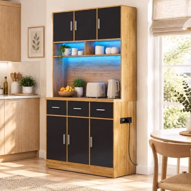 STILVORA Modern Tall Storage Cabinet in Black with Integrated Lighting and Internal Drawers
