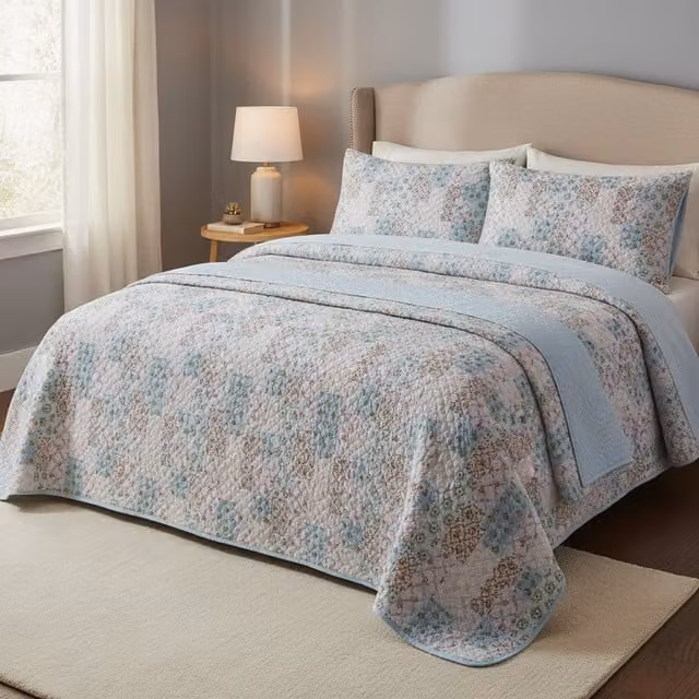 Florelle Blue Multicolour Floral Patchwork Quilted Throw with Piped Edge