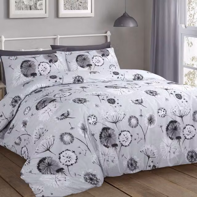 Velosso Floral Dandelion Reversible Duvet Cover and Pillowcase Set in Grey, Cotton and Polyester Blend, 90 x 200 cm