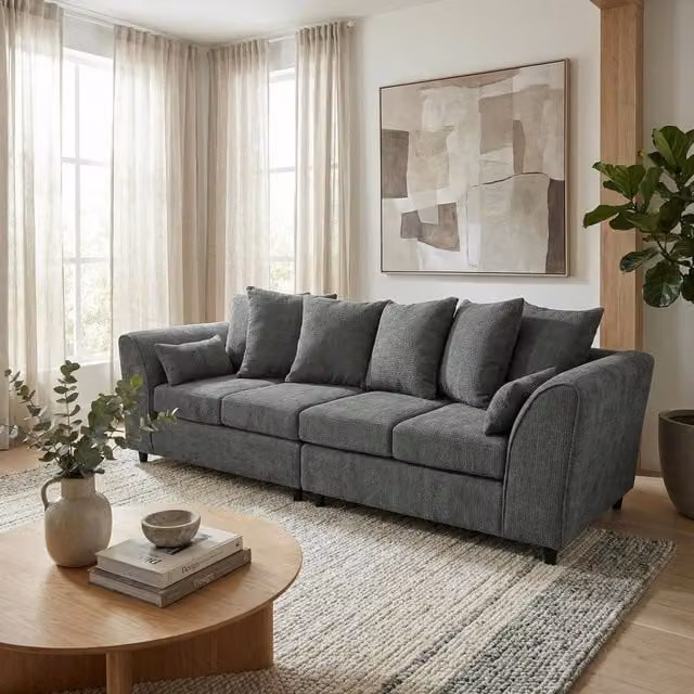 Abakus Direct Jumbo Chenille 4 Seater Sofa in Charcoal Grey with Deep Seats and Angular Arms
