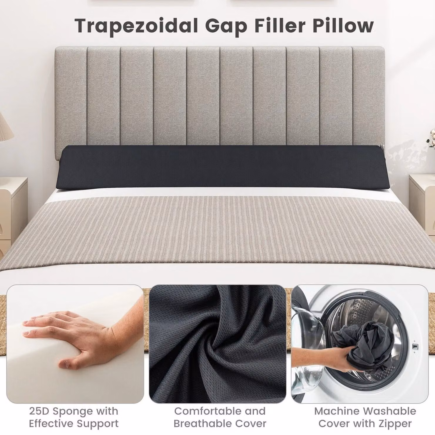 Gymax Full Size Grey Foam Wedge Pillow Bolster with Side Pocket and Removable Machine Washable Cover – 4