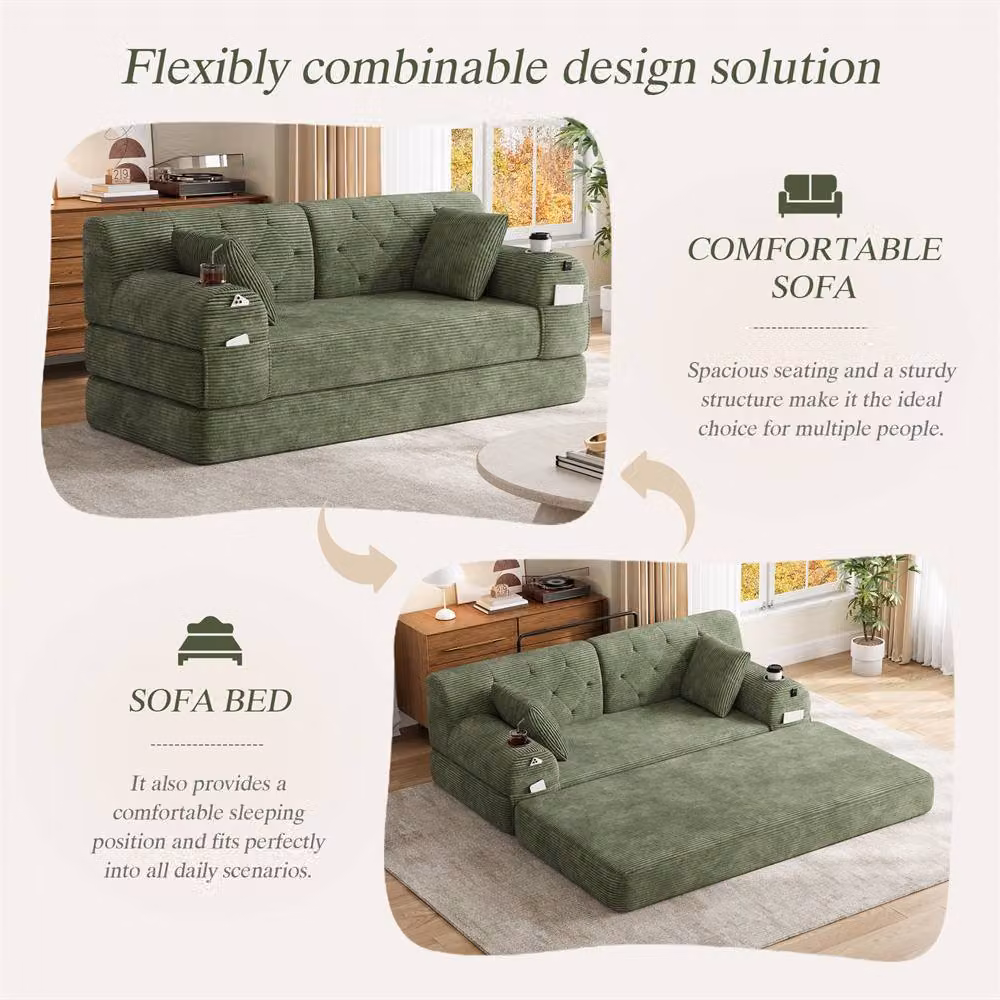 Direct Wicker 2-Seater Corduroy Upholstered Sofa Bed with Cup Holders in Green – 3