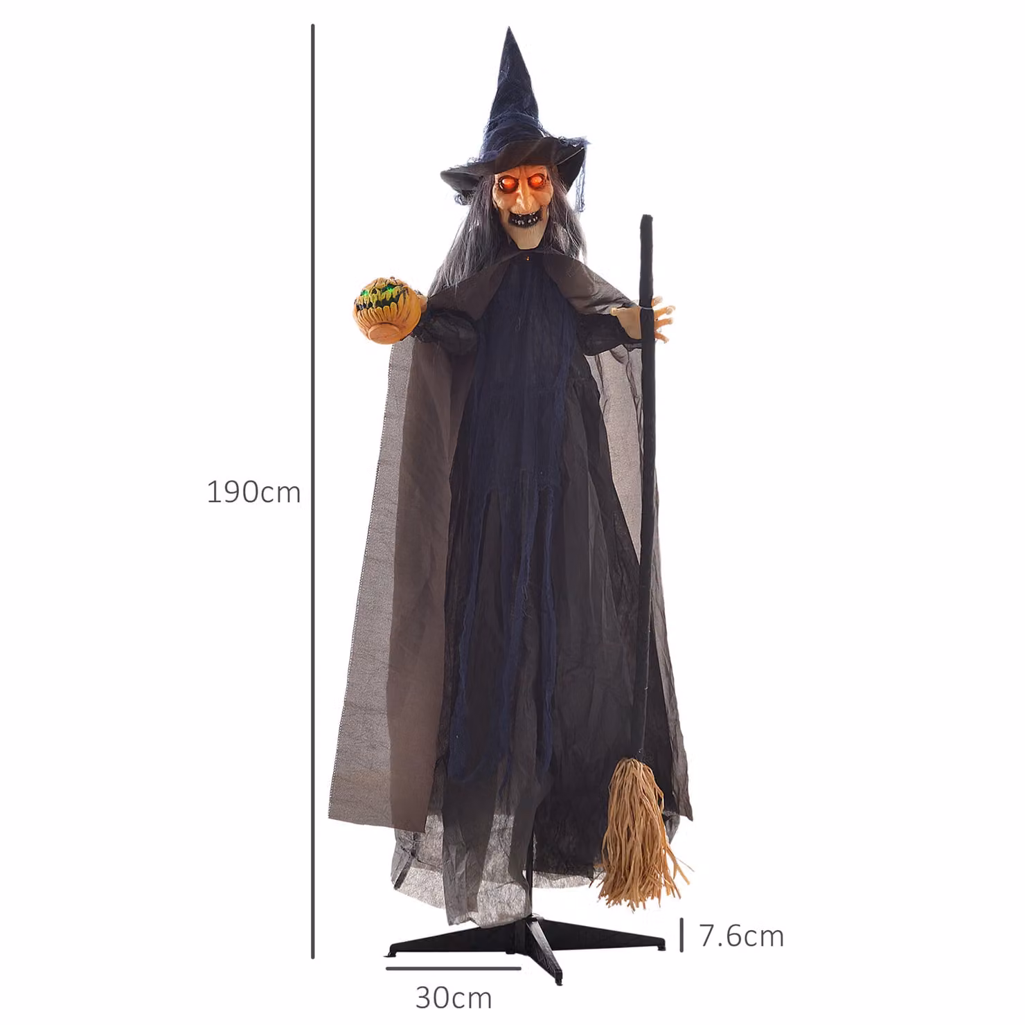 HOMCOM 190cm Witch with Broomstick Outdoor Halloween Animatronic Decoration with Sound Activated Light Up Eyes and Sound – 3